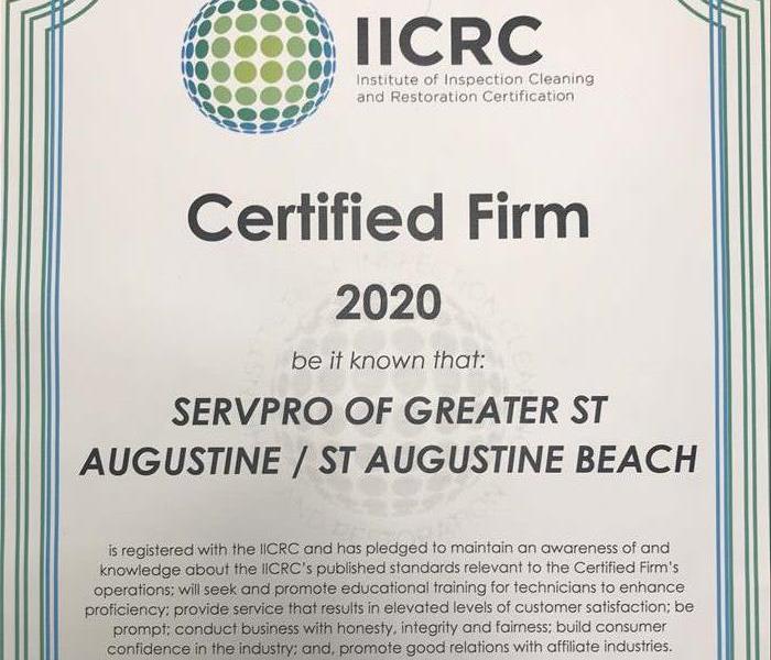 SERVPRO Greater St Augustine IICRC certification