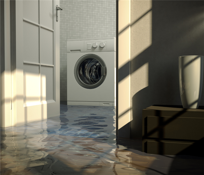 Water damage from a washing machine malfunction, resulting in a flood and need for water extraction